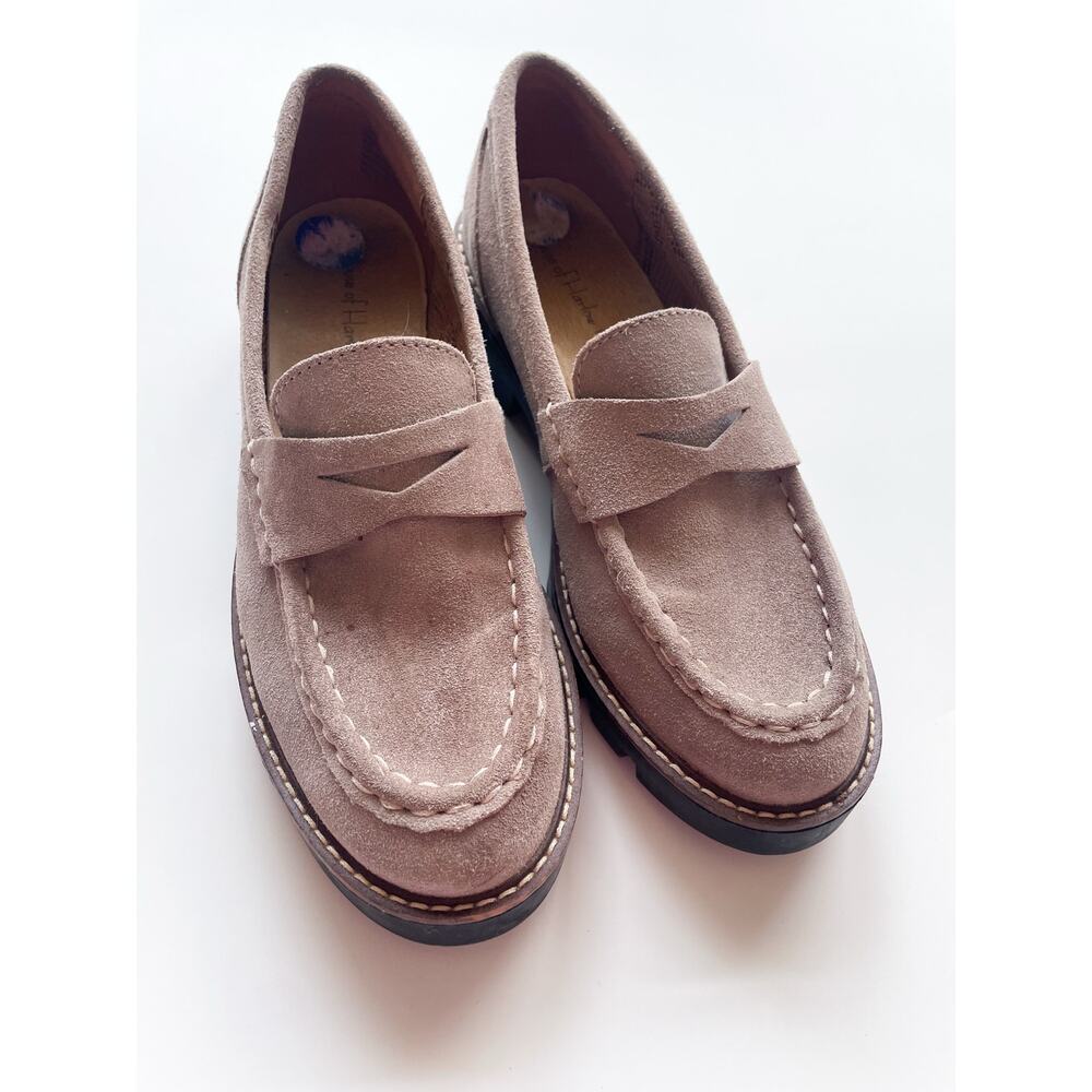 House of Harlow 1960 Gunner Light Taupe Suede Lug Sole Platform Loafers Size 8.5
